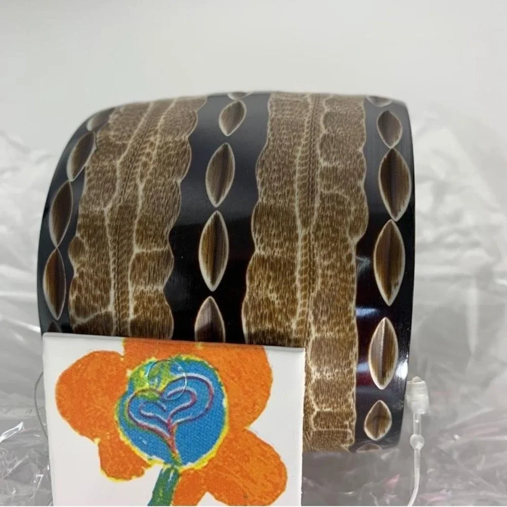 Wide Tribal Style Bangle Bracelet Brown & Black Pattern Resin Cuff Made in India